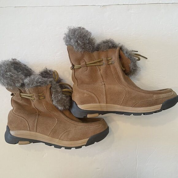 Lands' End Brown Suede Leather Faux Fur Winter Ankle Boots Womens 7.5B Moccasin - Picture 6 of 13